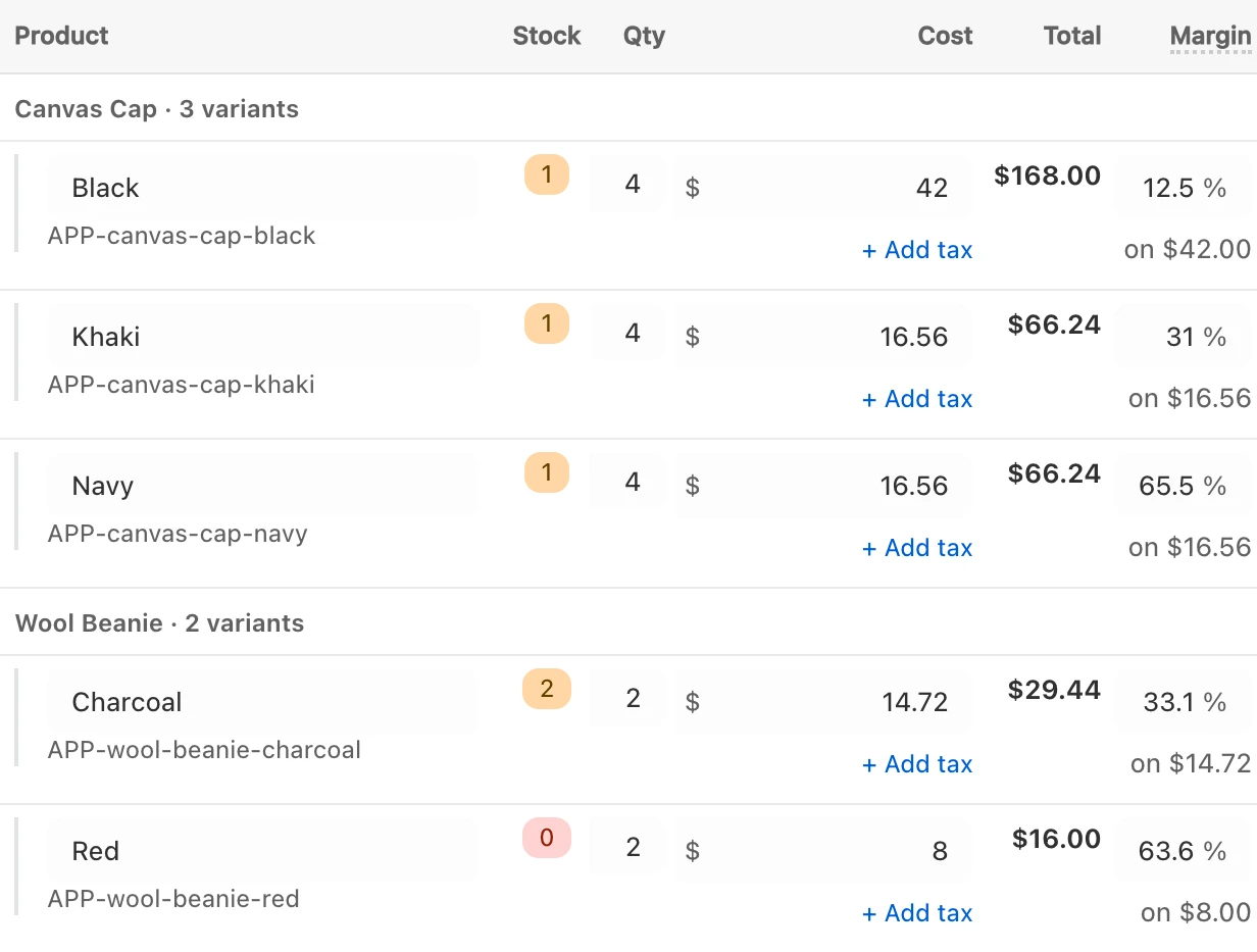 A new purchase order in GoStock for North Loop Apparel, with stock, quantity, cost, total and margin on each line