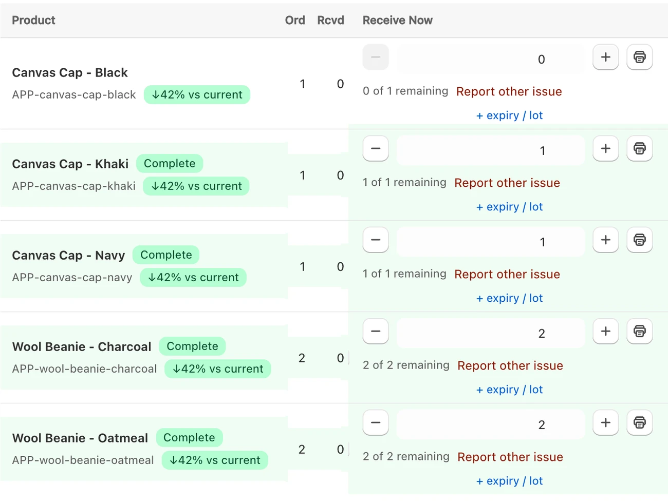 Receiving a delivery in GoStock: each line shows what is still to come, with buttons to report an issue