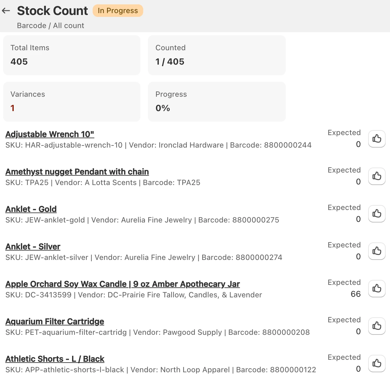 A stock count in GoStock: 405 items, scan a barcode to count each one
