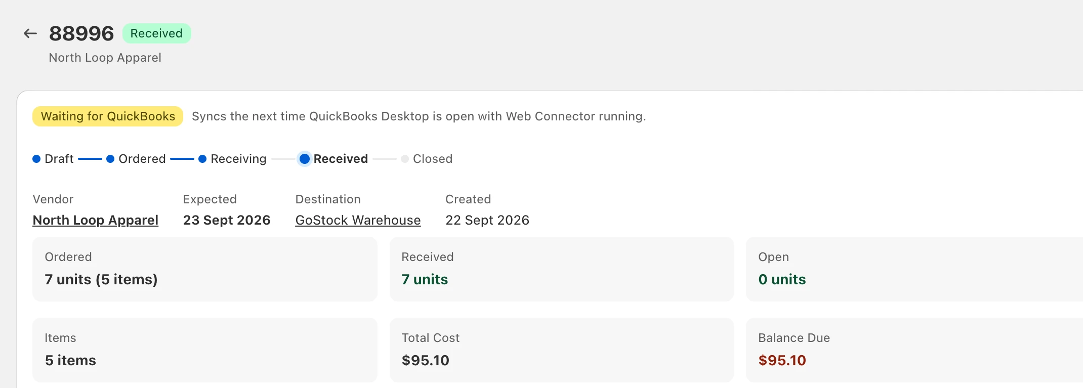 A purchase order in GoStock from North Loop Apparel: 7 of 7 units received, total cost $95.10